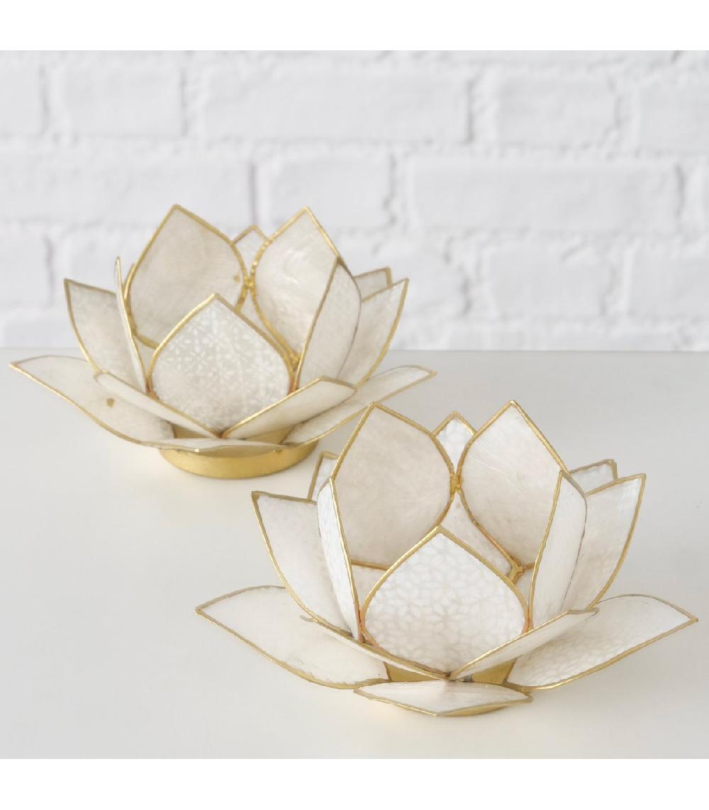Wadiga Set De 2 Photophores Métal Doré Et Nacre Nénuphar Blanc 15x15x7.5cm