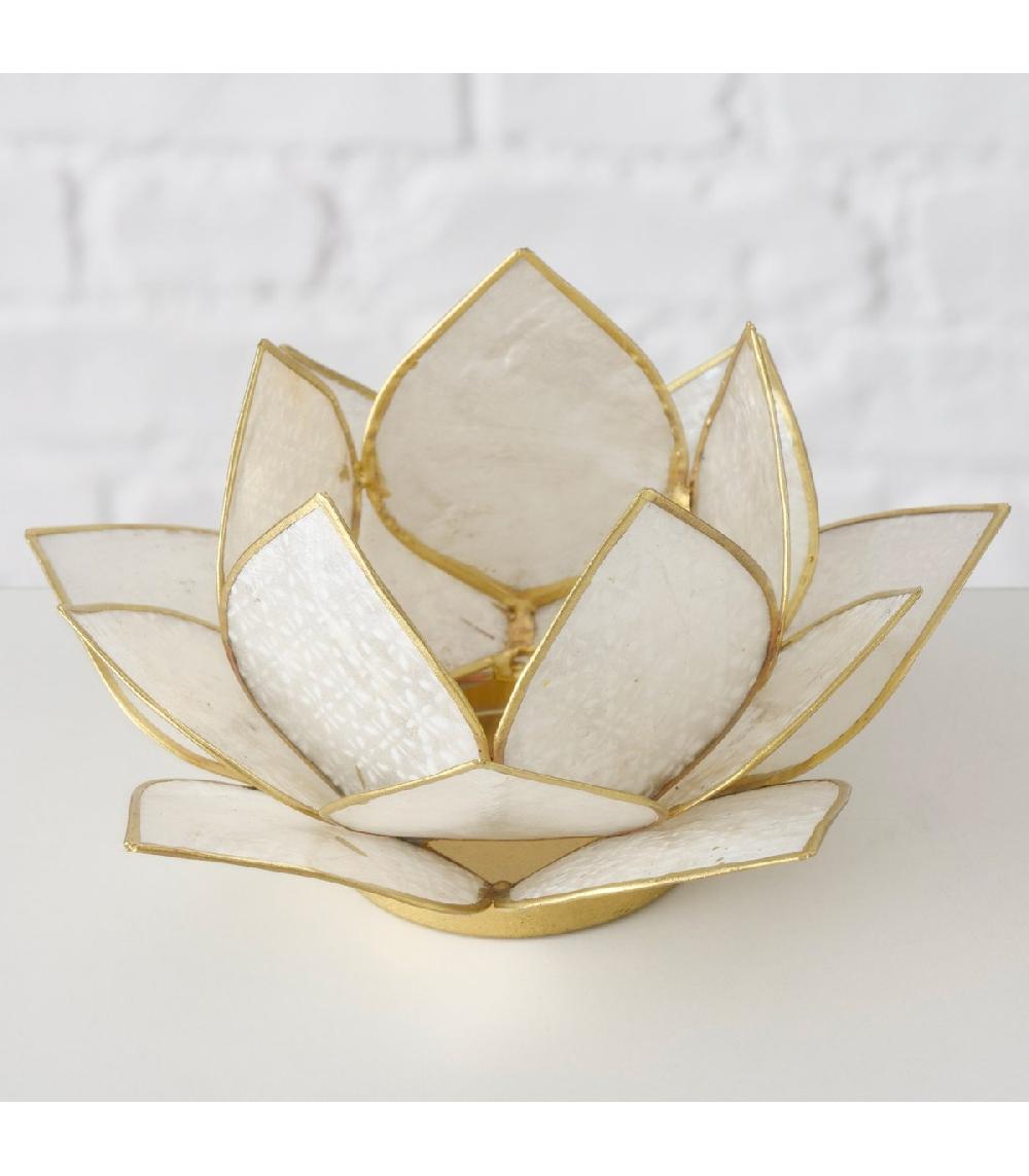 Wadiga Set De 2 Photophores Métal Doré Et Nacre Nénuphar Blanc 15x15x7.5cm
