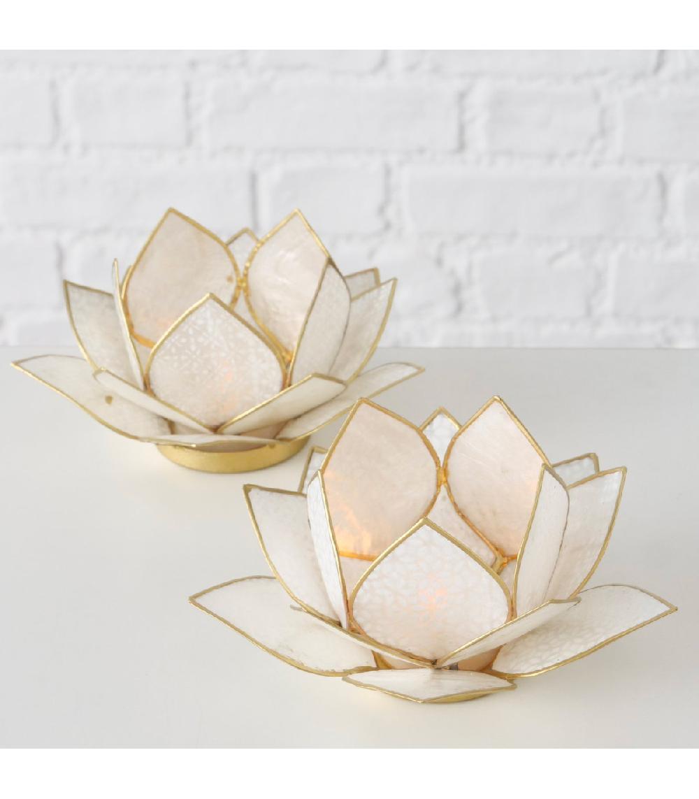Wadiga Set De 2 Photophores Métal Doré Et Nacre Nénuphar Blanc 15x15x7.5cm