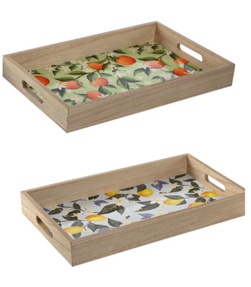 Wadiga Set De 2 Plateaux De Service En Bois Citrons Et Oranges 40x25x5cm