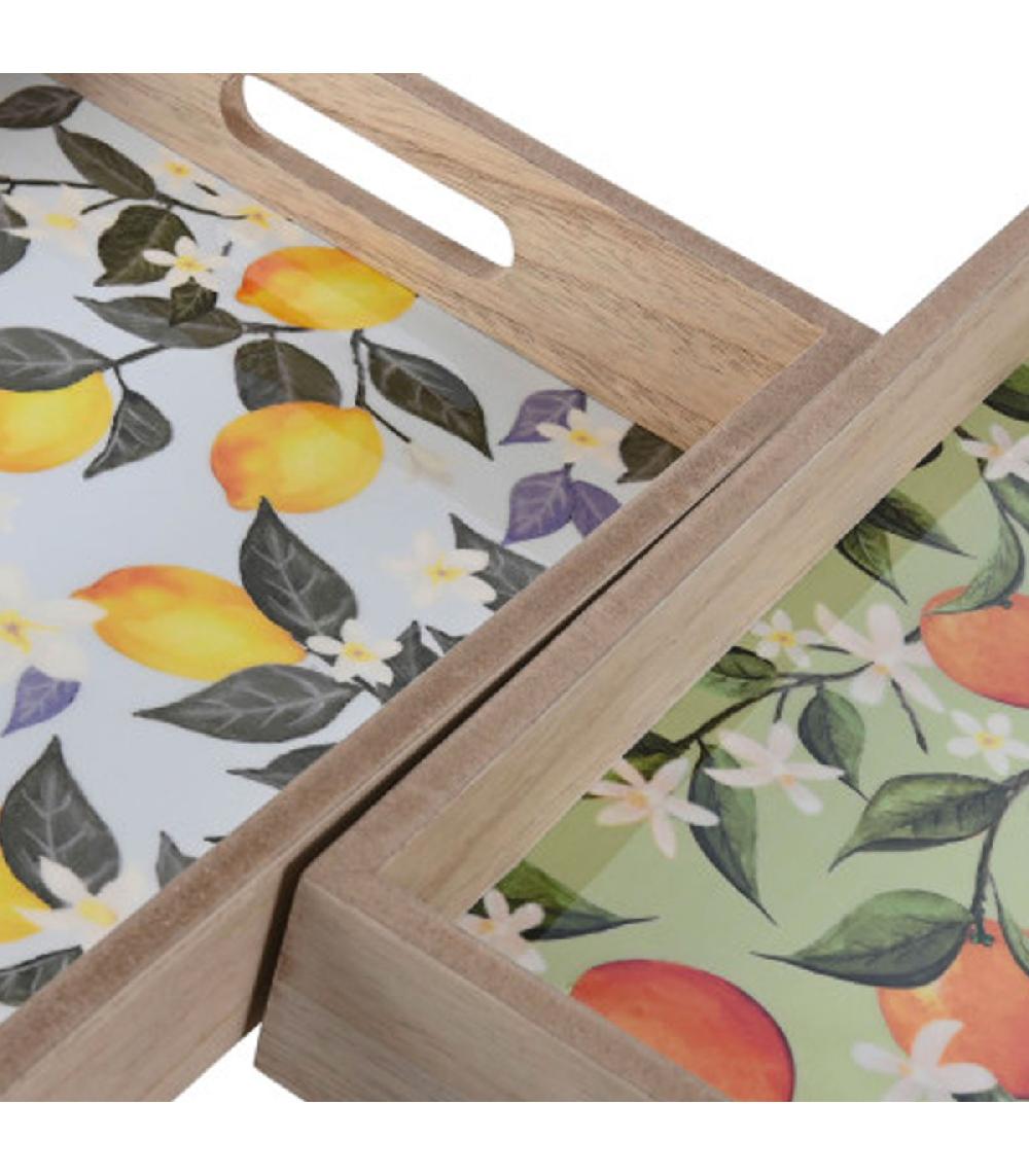 Wadiga Set De 2 Plateaux De Service En Bois Citrons Et Oranges 40x25x5cm