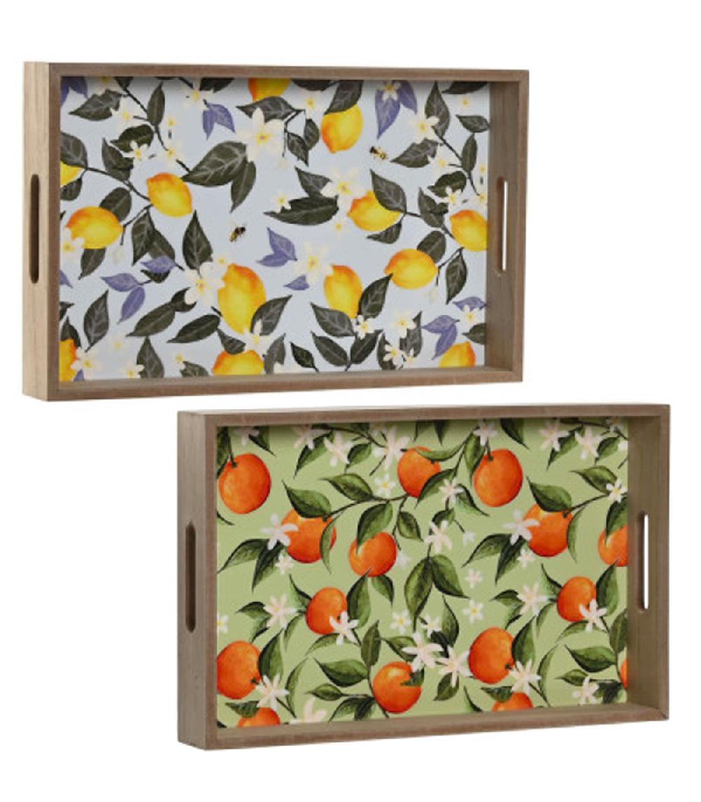 wadiga Set de 2 plateaux de service en bois citrons et oranges 40x25x5cm