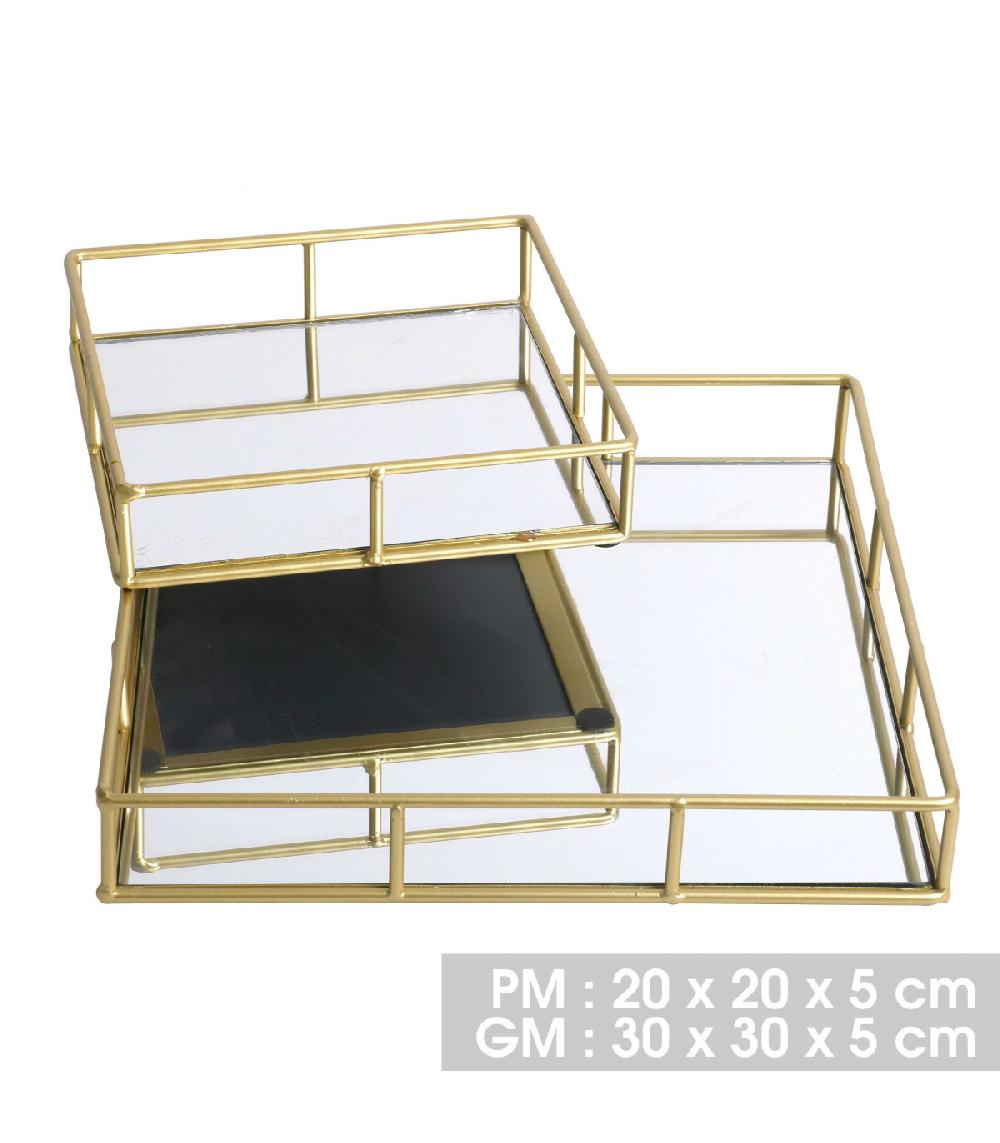 Wadiga Set De 2 Plateaux En Métal Doré Et Miroir Carrés - 30x30X5cm