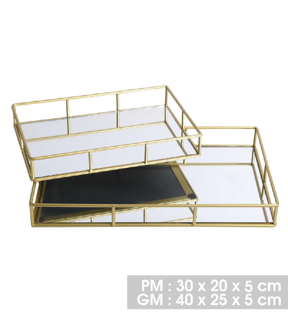 Wadiga Set De 2 Plateaux En Métal Doré Et Miroir Rectangulaires - 40x25X5cm