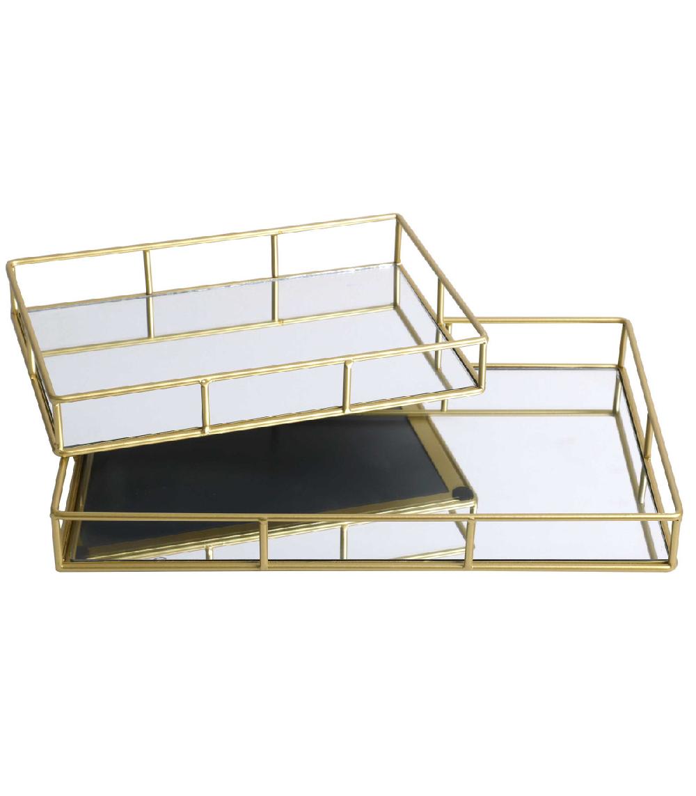 wadiga Set de 2 Plateaux en Métal Doré et Miroir Rectangulaires - 40x25X5cm