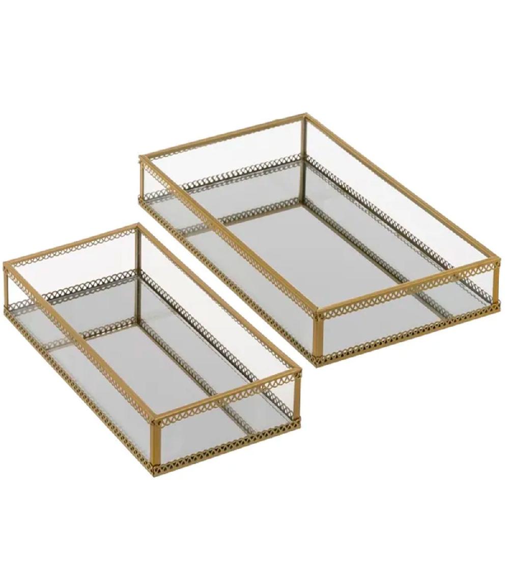 wadiga Set de 2 plateaux pour bijoux métal doré verre et miroir 24x14x4cm
