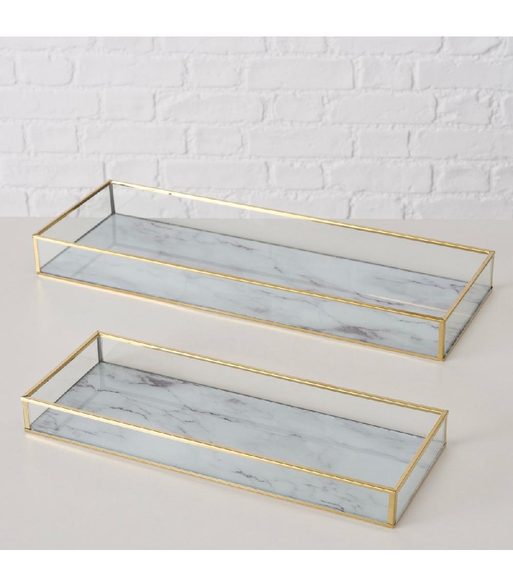 Wadiga Set De 2 Plateaux Rectangulaires En Métal Doré Et Verre Effet Marbre Blanc