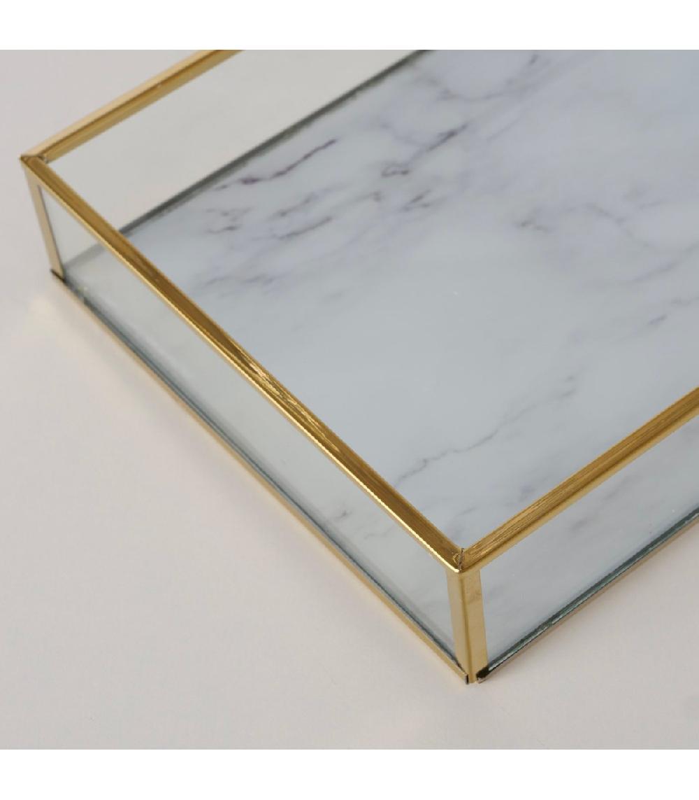 Wadiga Set De 2 Plateaux Rectangulaires En Métal Doré Et Verre Effet Marbre Blanc