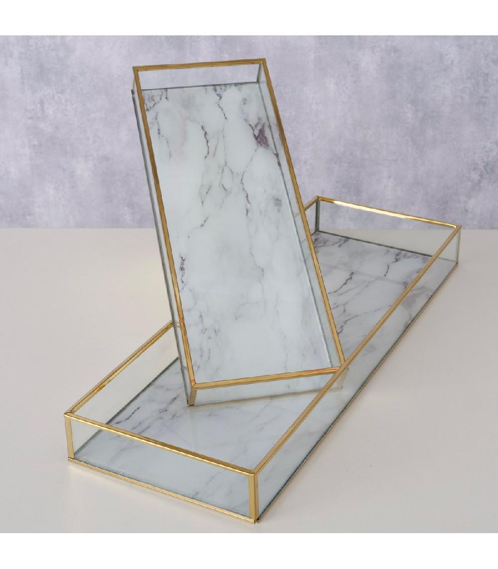 Wadiga Set De 2 Plateaux Rectangulaires En Métal Doré Et Verre Effet Marbre Blanc