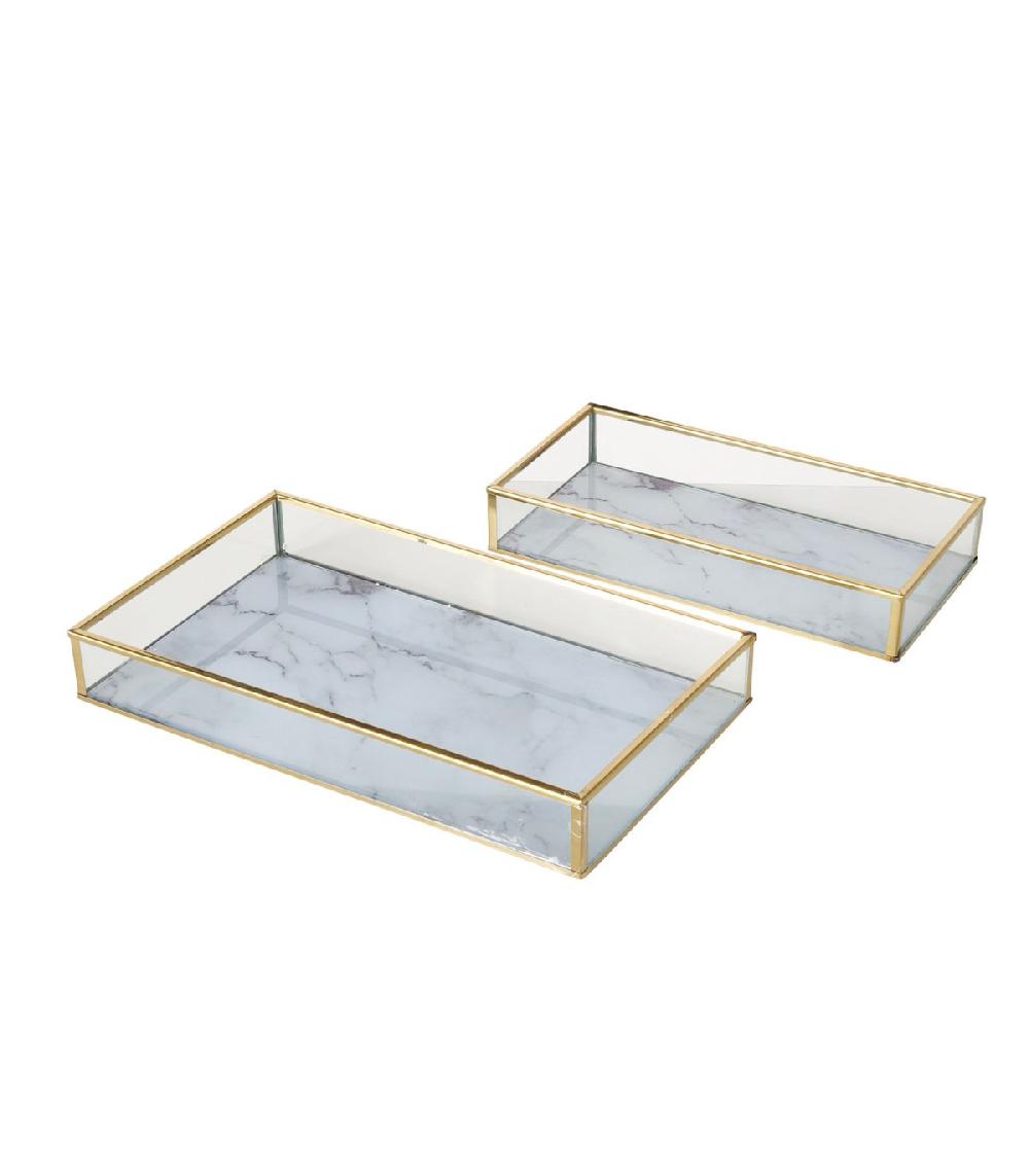 wadiga Set de 2 plateaux rectangulaires en métal Doré et verre effet marbre blanc