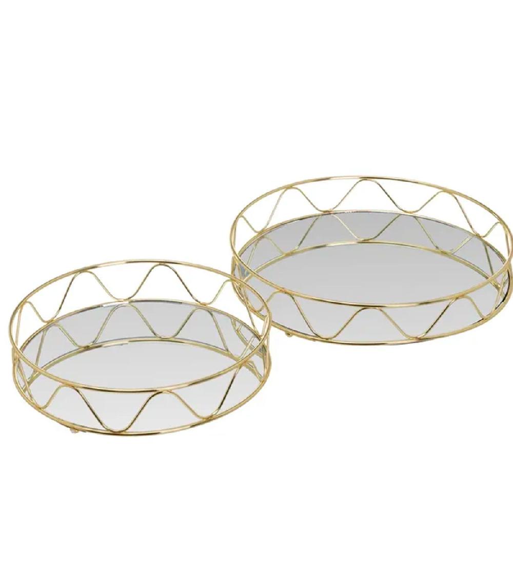 wadiga Set de 2 plateaux ronds en métal doré et miroirs 30x30x6cm