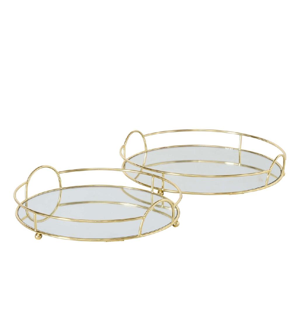 wadiga Set de 2 plateaux ronds en métal doré et miroirs