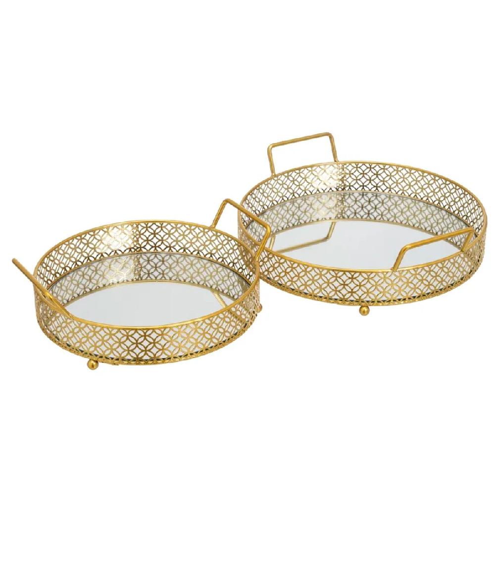 wadiga Set de 2 plateaux ronds en métal doré et miroirs