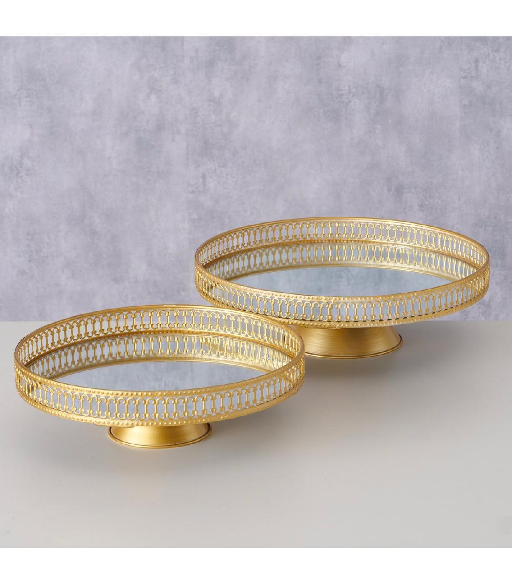 Wadiga Set De 2 Plateaux Ronds Sur Pieds En Métal Doré Et Miroirs