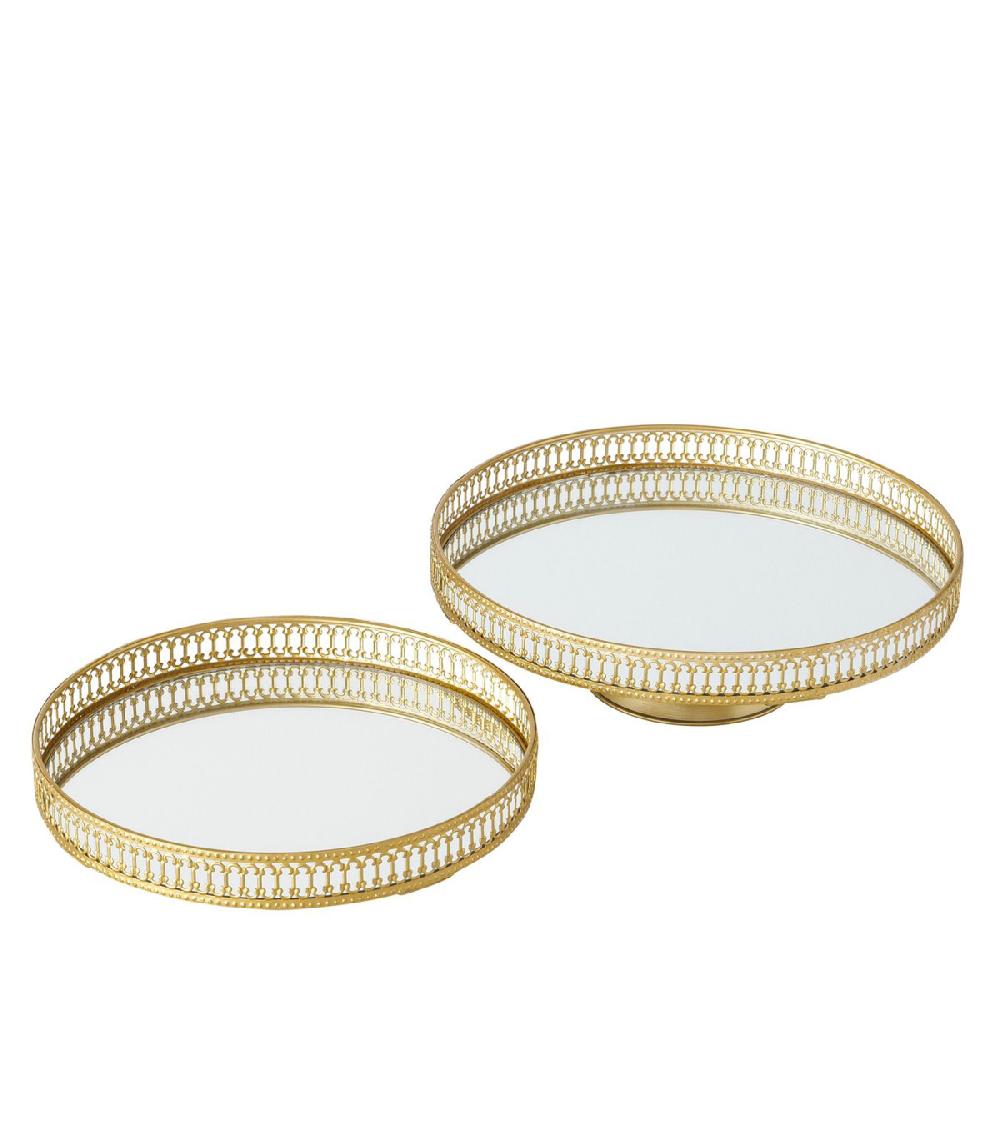 wadiga Set de 2 plateaux ronds sur pieds en métal Doré et miroirs
