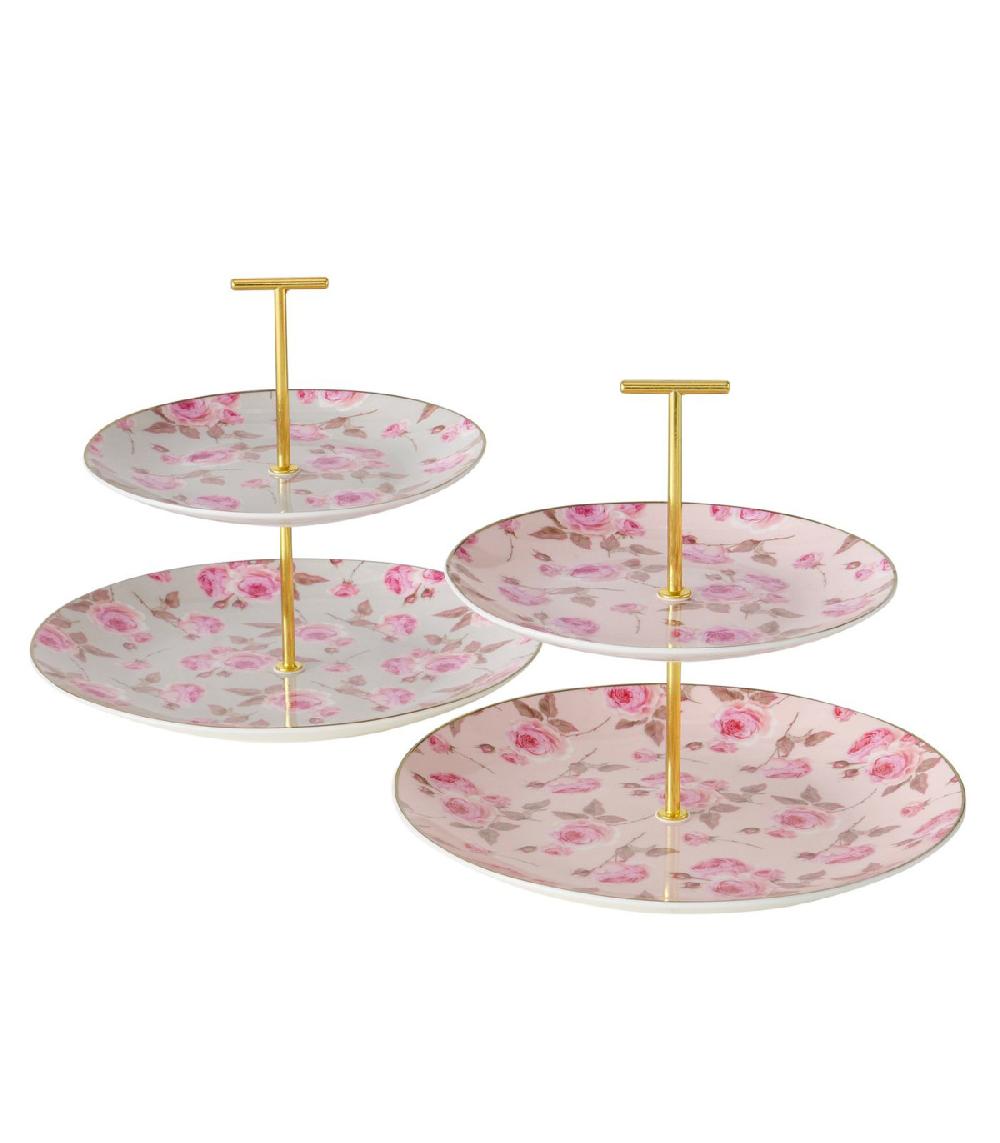 wadiga Set de 2 plats de présentation 2 étages en céramique fleurs