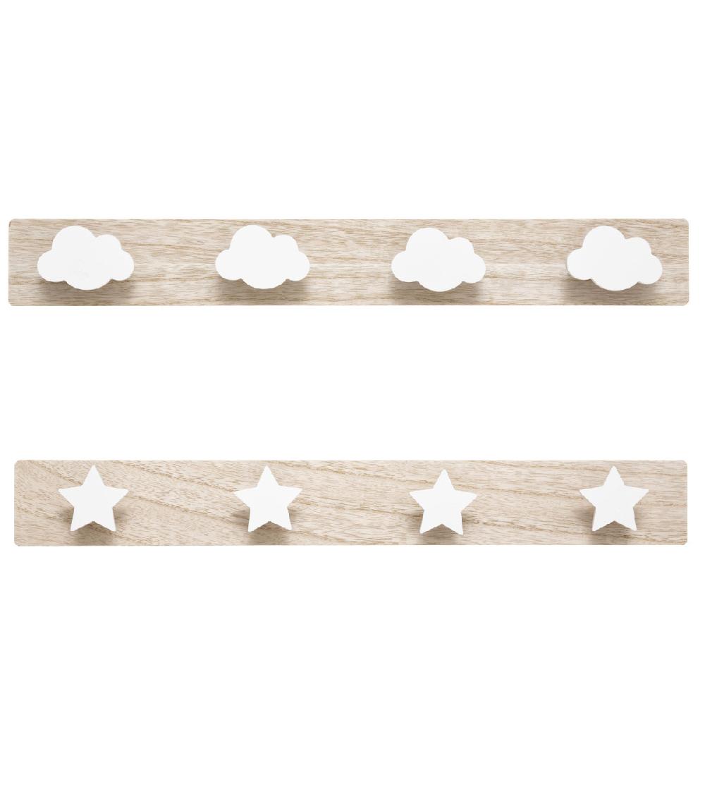 wadiga Set de 2 portemanteaux enfant blanc et bois nuage et étoiles 55x4.5x7cm