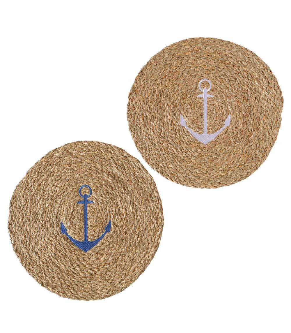 wadiga Set de 2 sets de table en jute tressé ancres bleu et blanc 38cm
