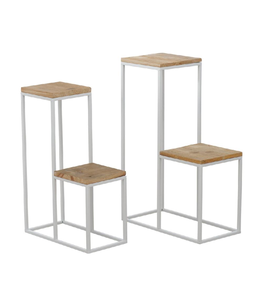 wadiga Set de 2 Supports Pots Plantes Étagés en Métal Blanc et Bois