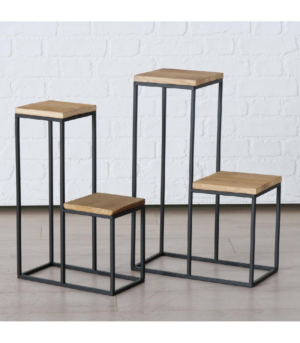 Wadiga Set De 2 Supports Pots Plantes étagés En Métal Noir Et Bois