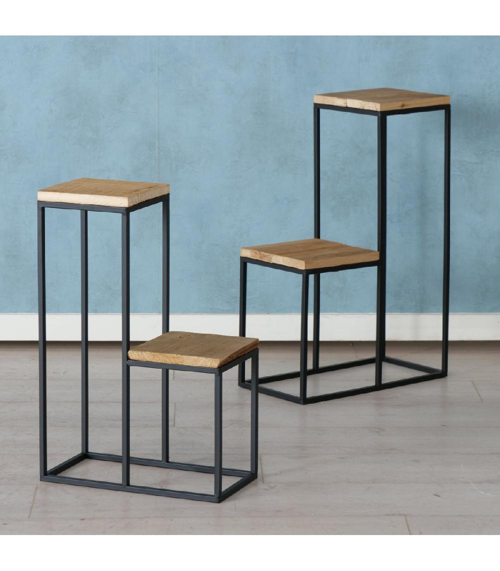 Wadiga Set De 2 Supports Pots Plantes étagés En Métal Noir Et Bois