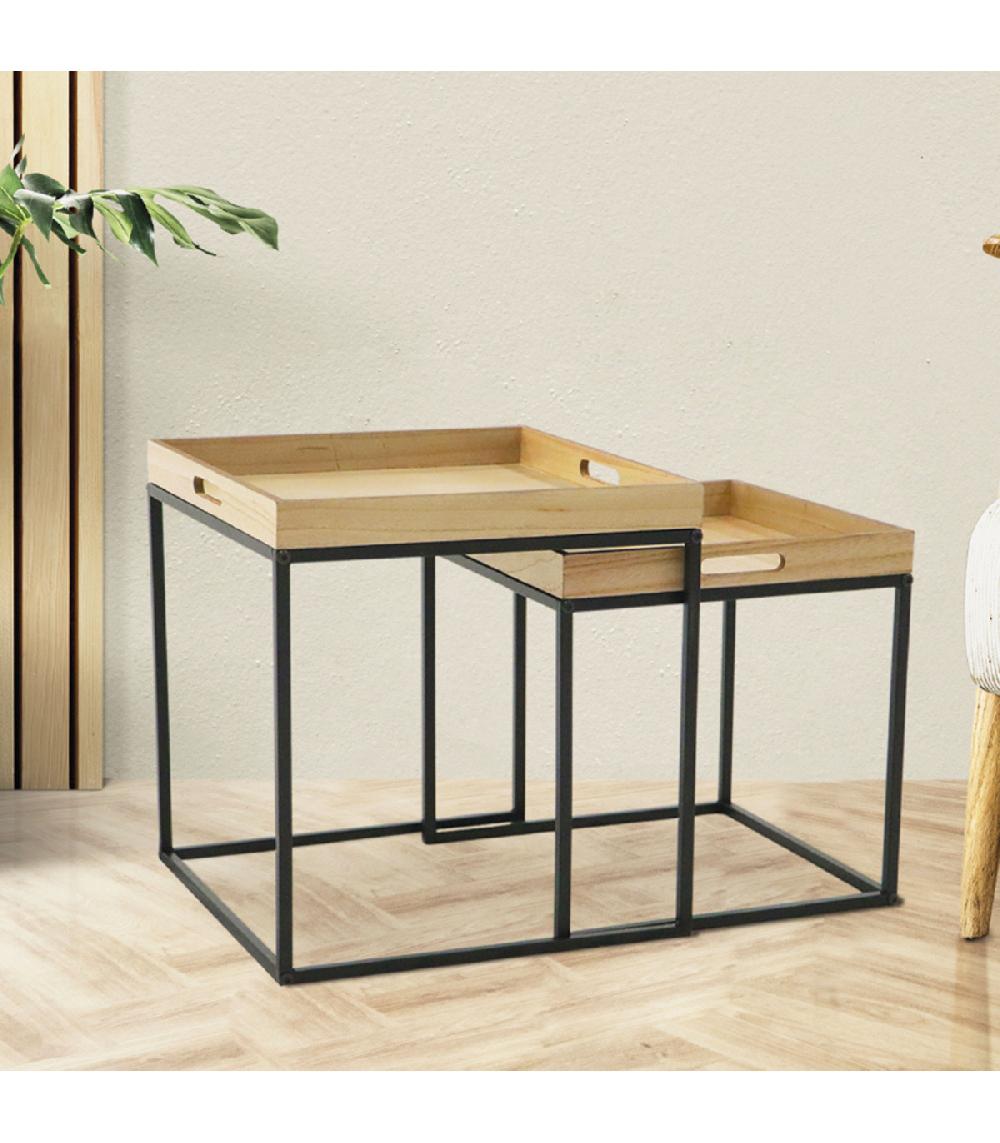 Wadiga Set De 2 Tables Basses Gigognes Bois Et Métal Noir 40x40x42cm