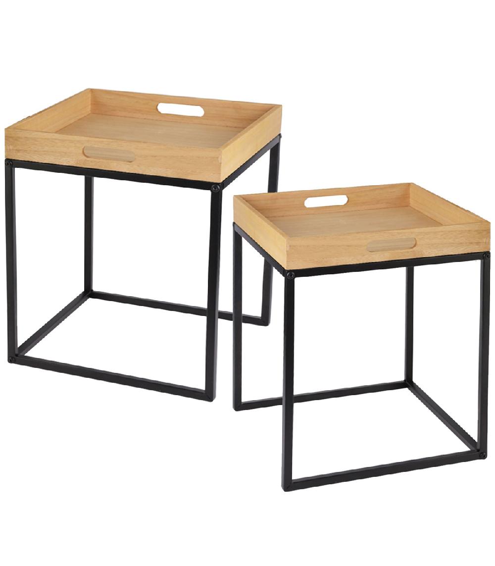 wadiga Set de 2 tables basses gigognes bois et métal noir 40x40x42cm