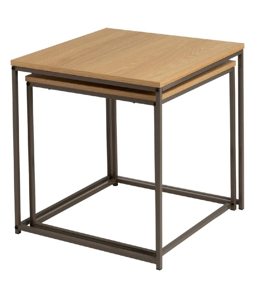 Wadiga Set De 2 Tables Basses Gigognes Couleur Bois Naturel Et Métal Gris 50x50x50cm