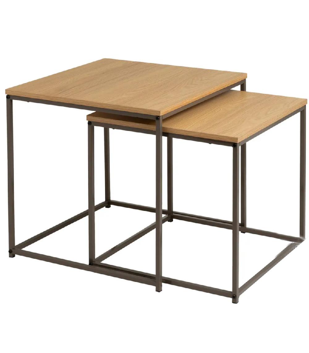 wadiga Set de 2 tables basses gigognes couleur bois naturel et métal gris 50x50x50cm