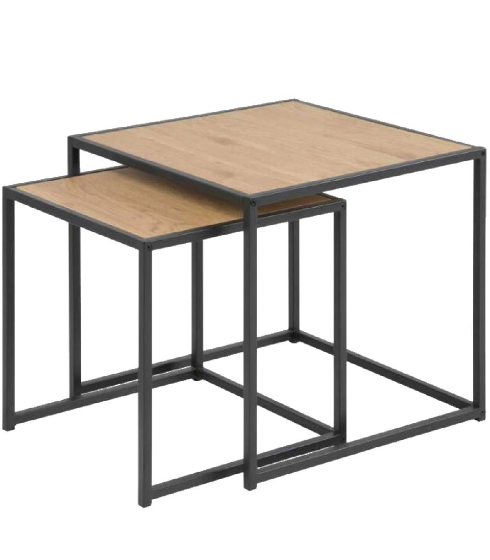 wadiga Set de 2 tables basses gigognes effet bois et métal noir 34x34x37cm