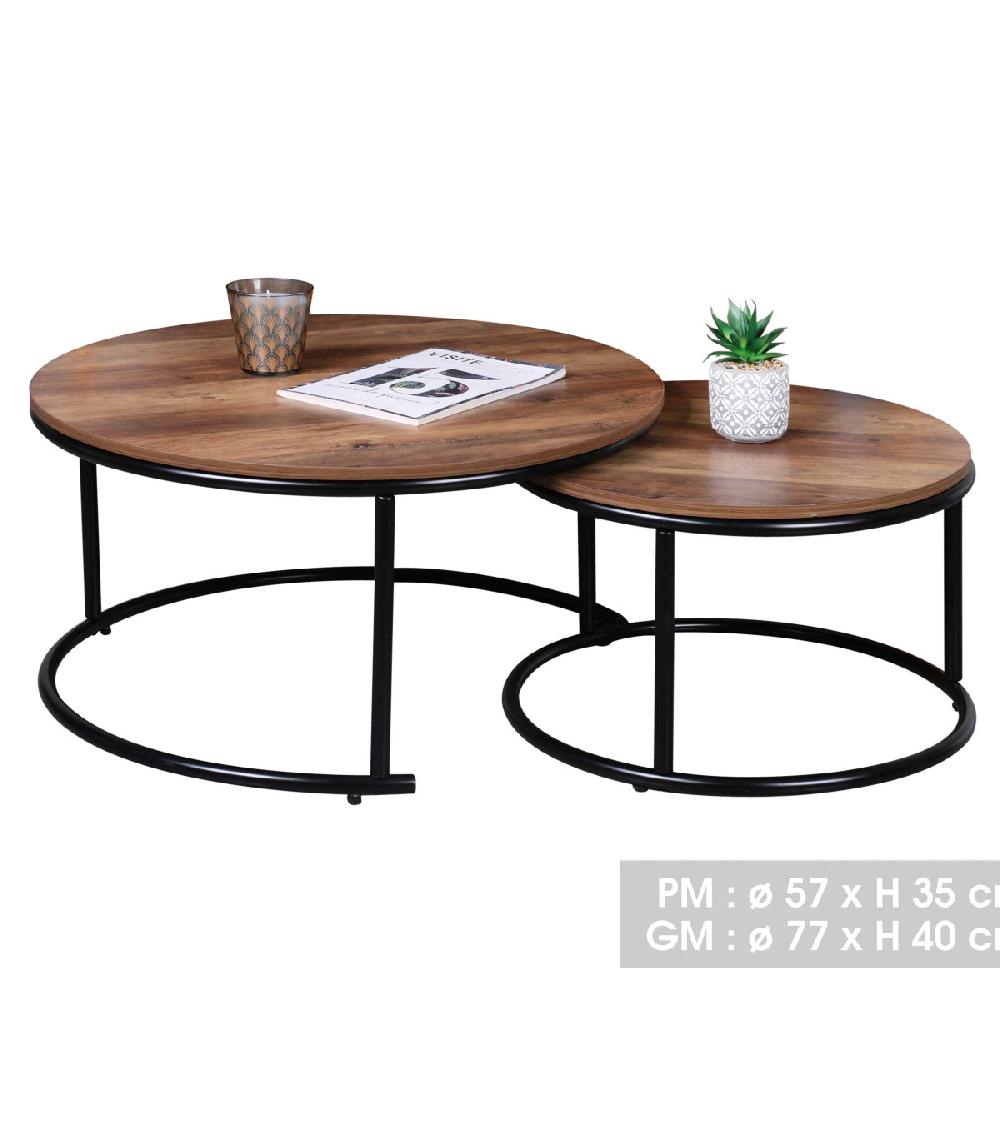 Wadiga Set De 2 Tables Basses Rondes Gigognes En Bois Et Métal Noir