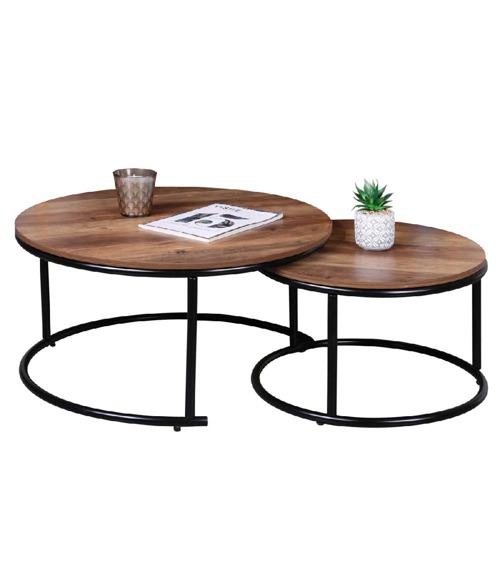 wadiga Set de 2 Tables Basses Rondes Gigognes en Bois et Métal Noir