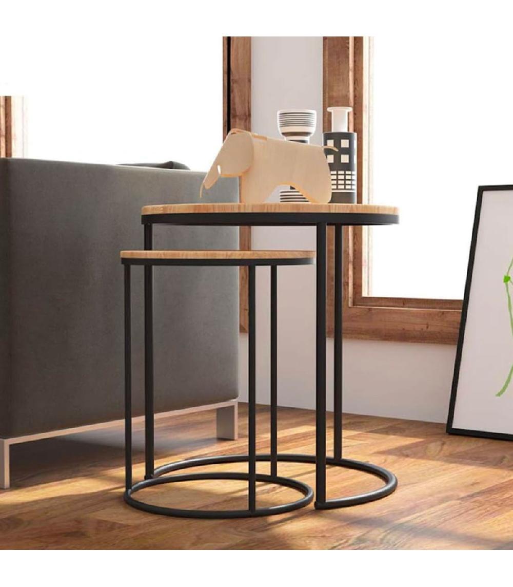 Wadiga Set De 2 Tables D'appoint Gigognes Bois Et Métal Noir 40x40x49cm