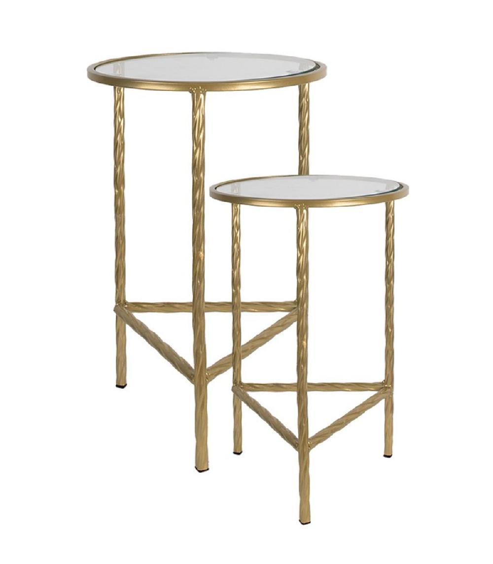wadiga Set de 2 tables d'appoint rondes en métal doré et verre 35x35x55cm