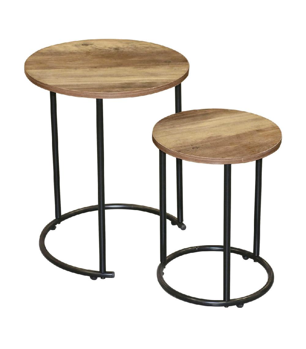 wadiga Set de 2 tables d'appoint rondes gigognes en bois et métal noir