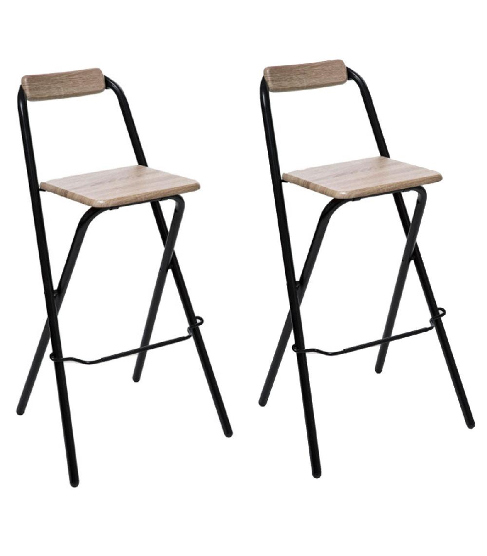 wadiga Set de 2 Tabourets de bar bois et métal noir avec dossier pliable