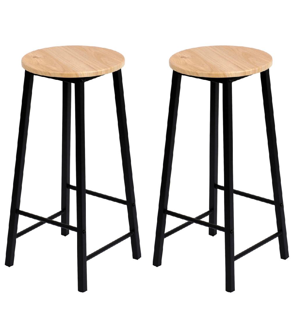 wadiga Set de 2 tabourets de bar ronds métal noir et bois - 30x30x70cm