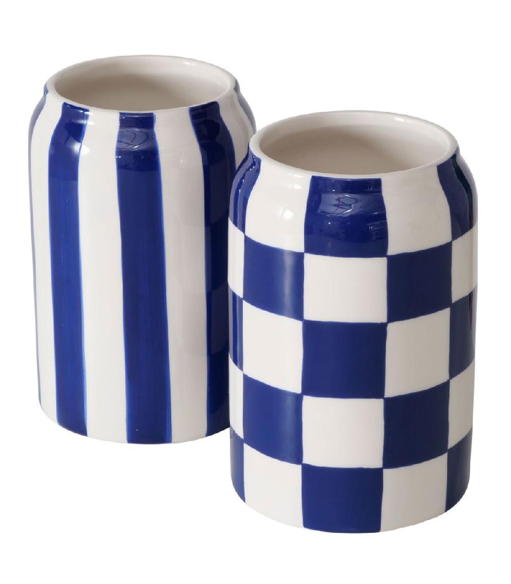 wadiga Set de 2 vases design en céramique bleu et blanc 11x11x16cm