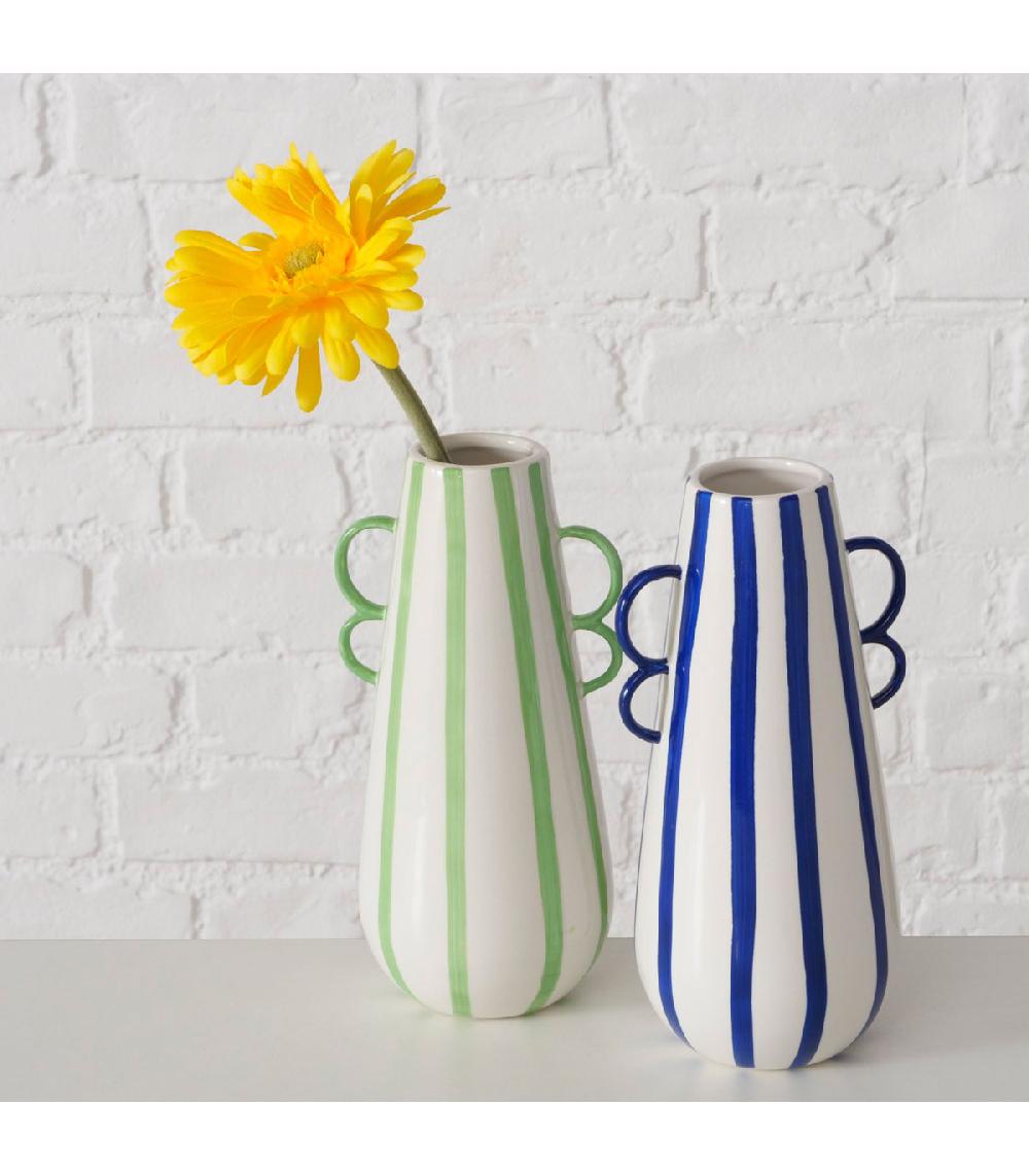 Wadiga Set De 2 Vases Design En Céramique Rayures Bleues Et Vertes 12x11x22cm