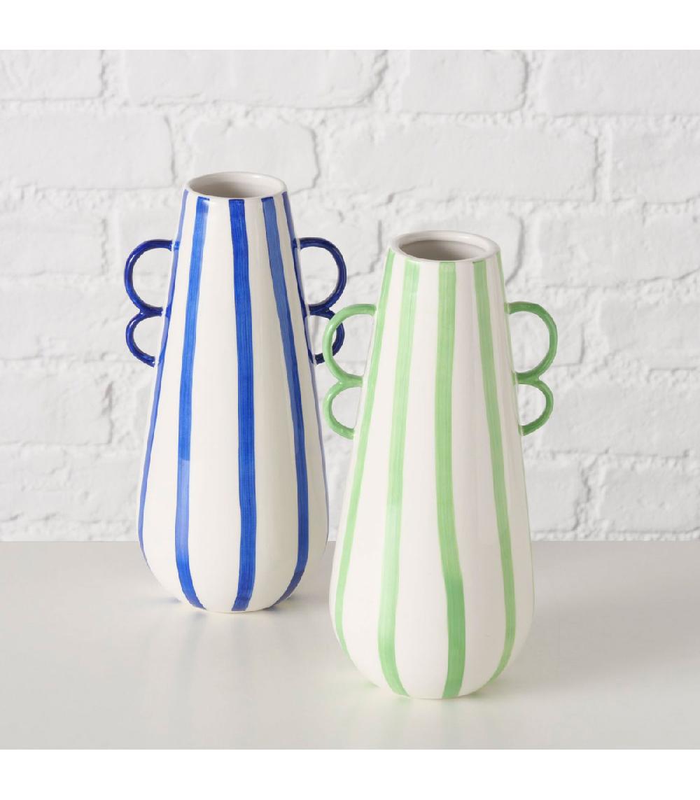 Wadiga Set De 2 Vases Design En Céramique Rayures Bleues Et Vertes 12x11x22cm