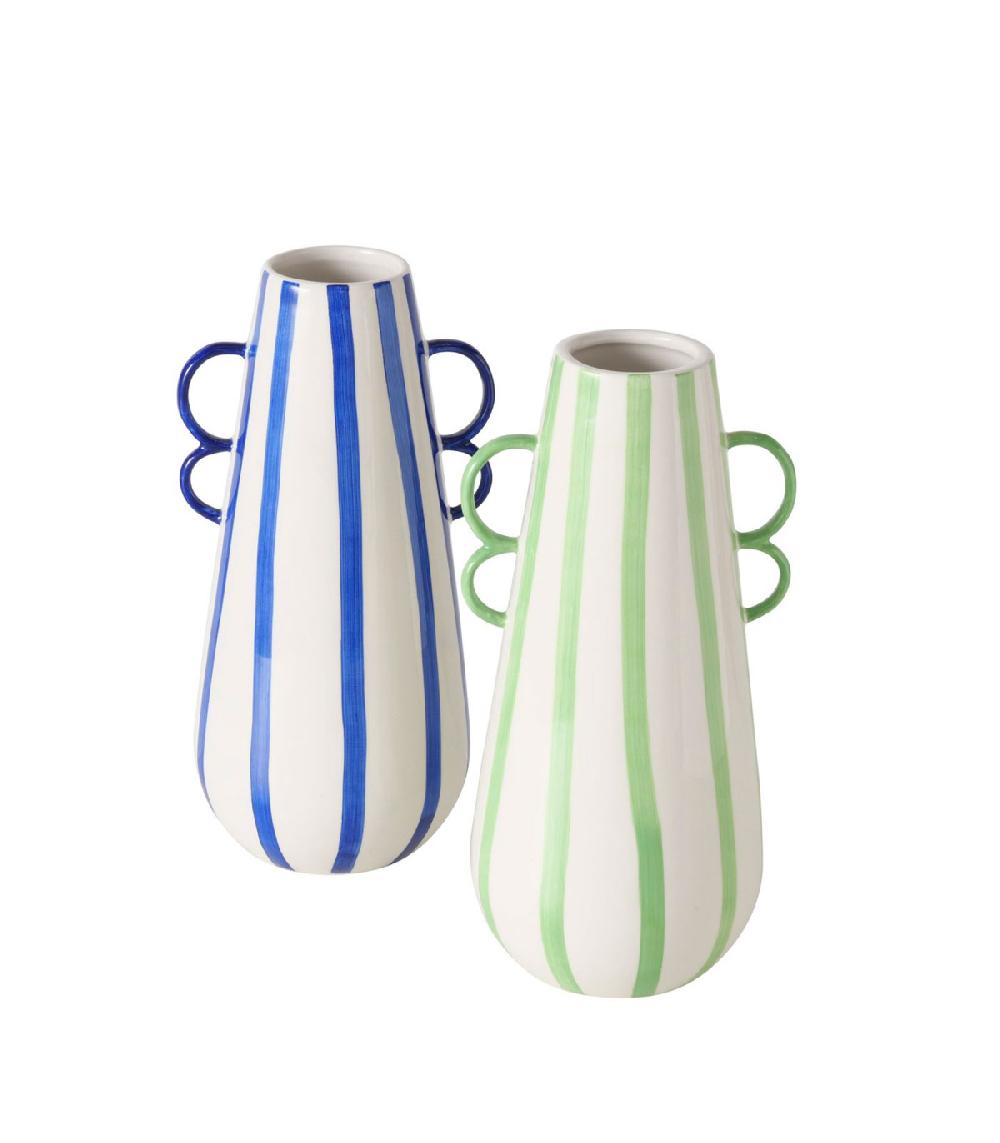 wadiga Set de 2 vases design en céramique rayures bleues et vertes 12x11x22cm