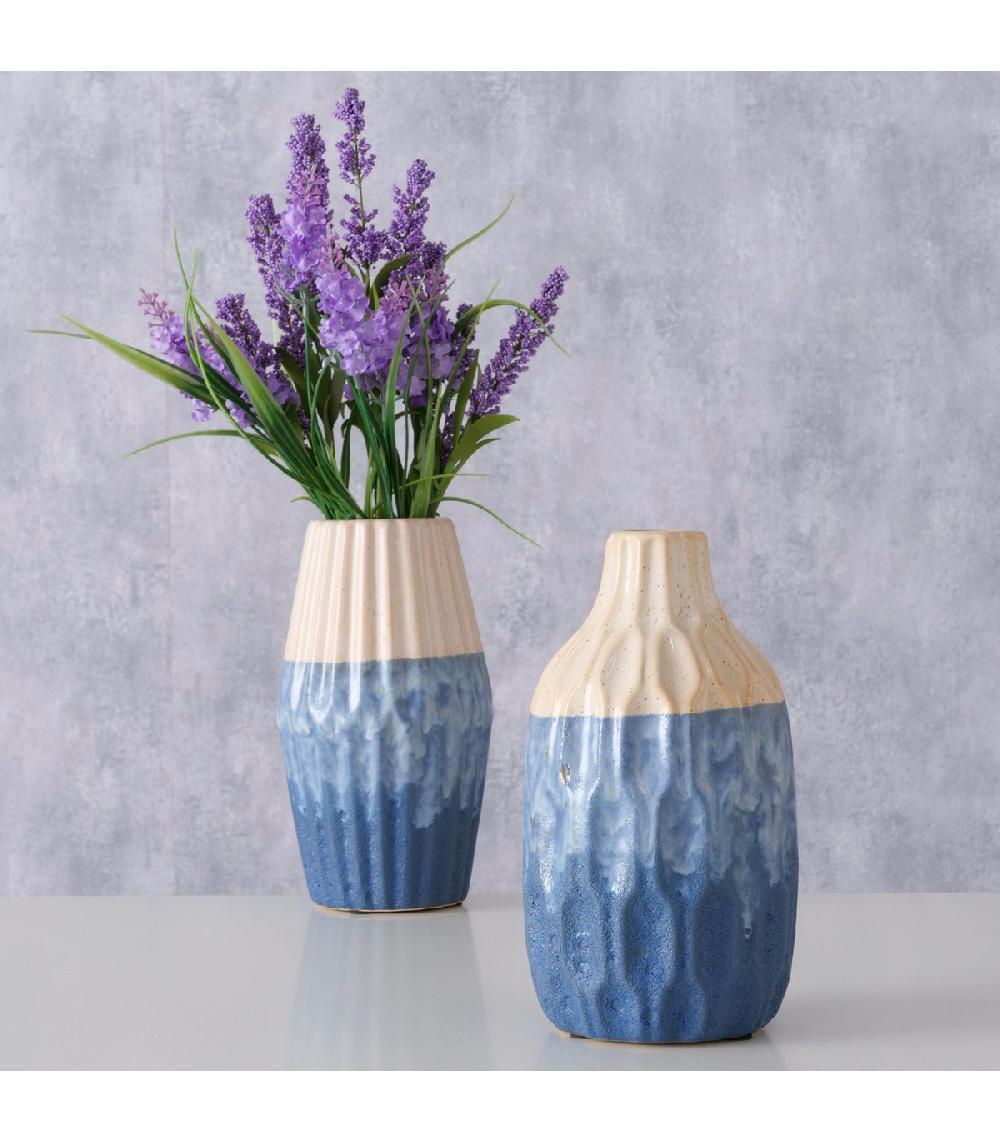 Wadiga Set De 2 Vases En Poterie Blanc Crème Et Bleu H21cm