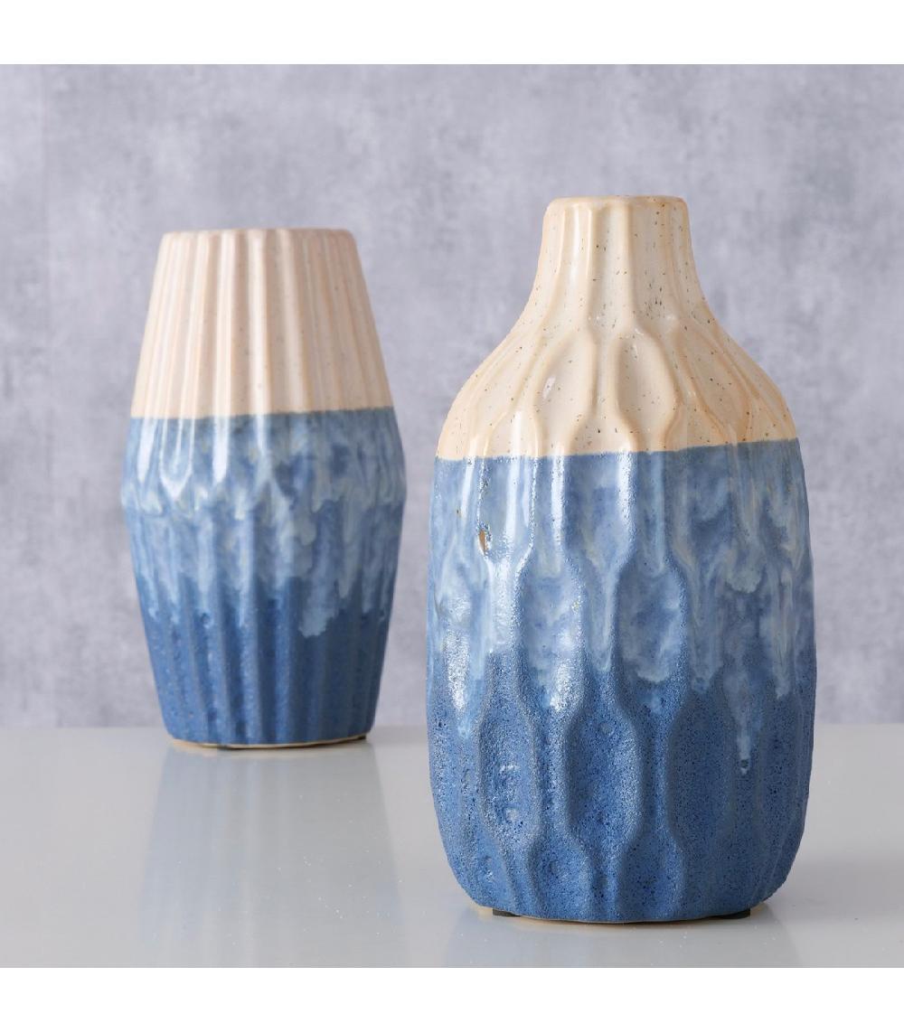 Wadiga Set De 2 Vases En Poterie Blanc Crème Et Bleu H21cm