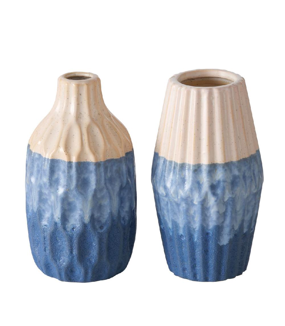 wadiga Set de 2 vases en poterie blanc crème et bleu H21cm