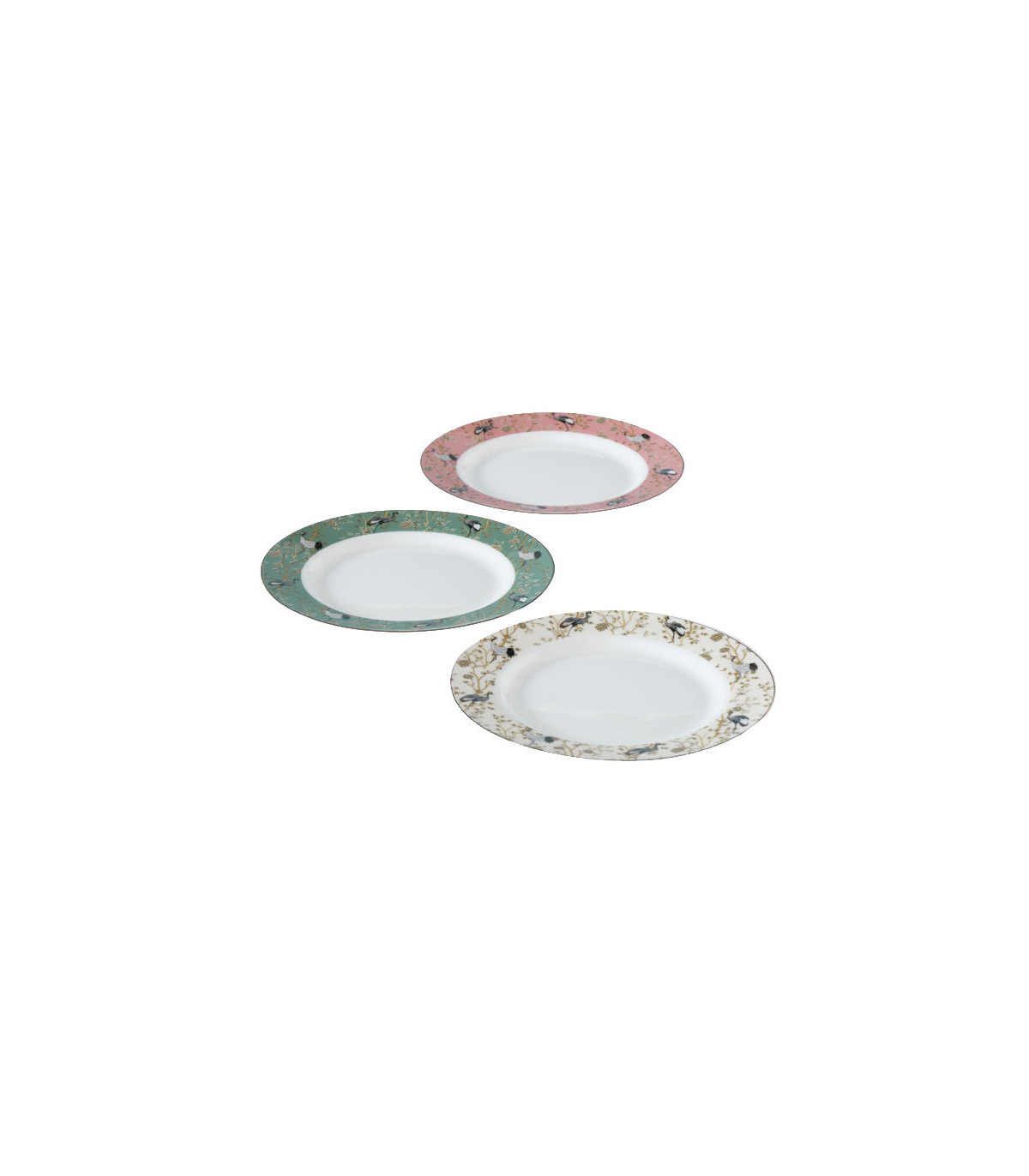 wadiga Set de 3 Assiettes à Dessert en Céramique Motifs Fleurs et Oiseaux - d20cm