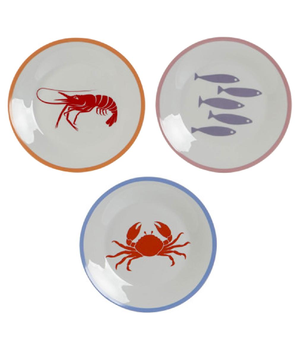 wadiga Set de 3 assiettes à dessert en porcelaine motif marin 19x19x2cm