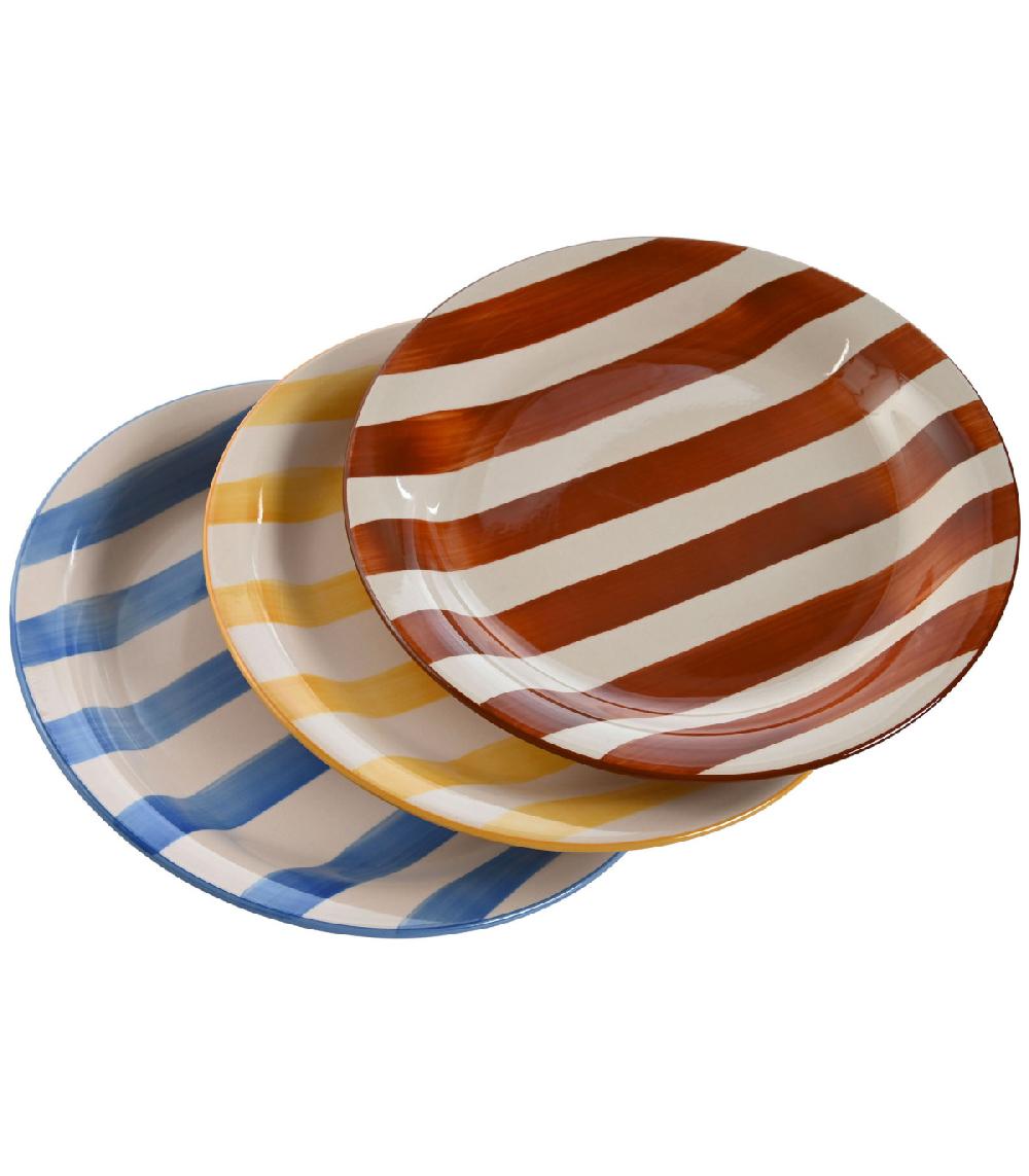 Wadiga Set De 3 Assiettes à Dessert Faïence Rayures Bleues Jaunes Rouges 18.5x18.5x2.5cm