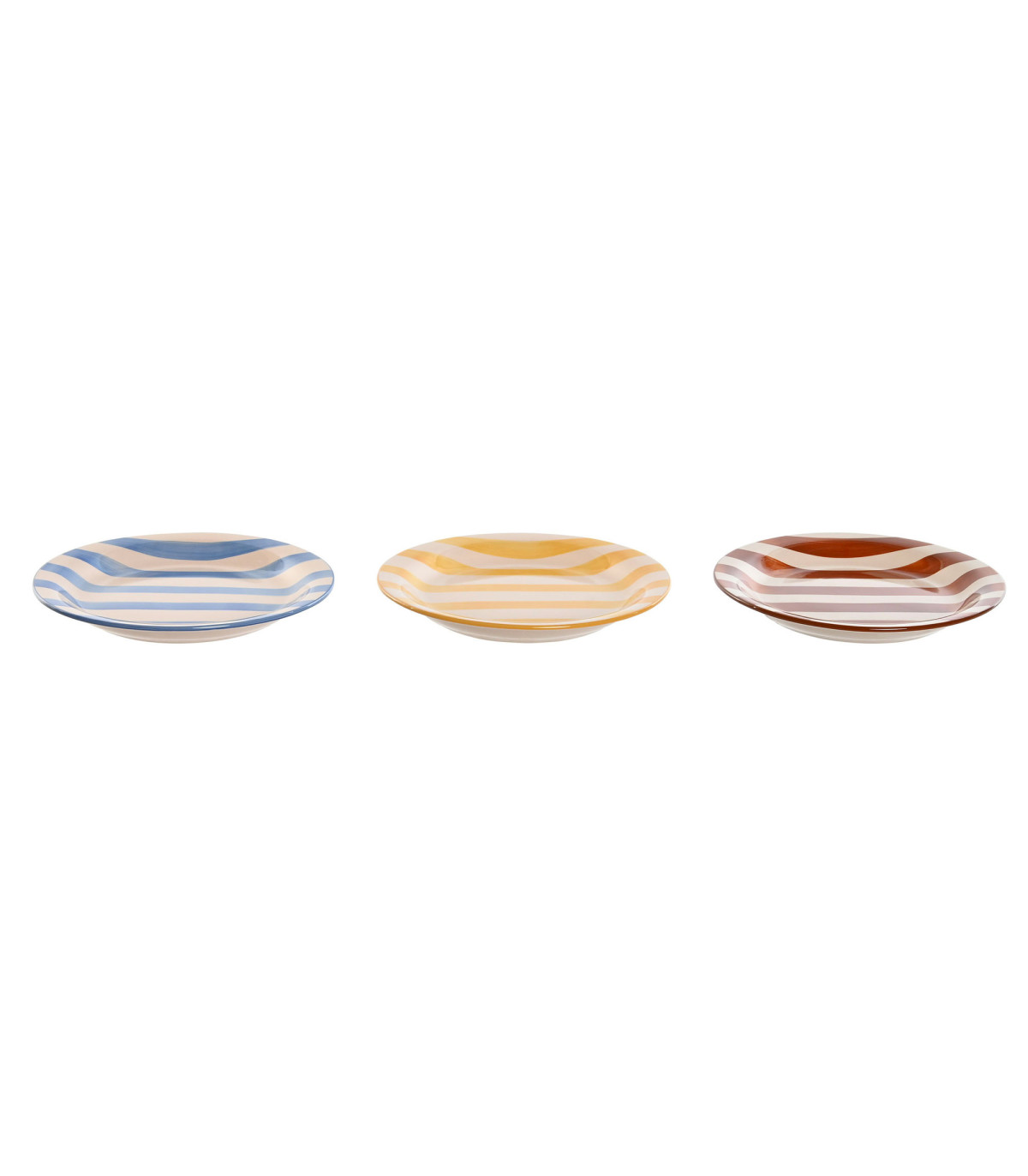 Wadiga Set De 3 Assiettes à Dessert Faïence Rayures Bleues Jaunes Rouges 18.5x18.5x2.5cm