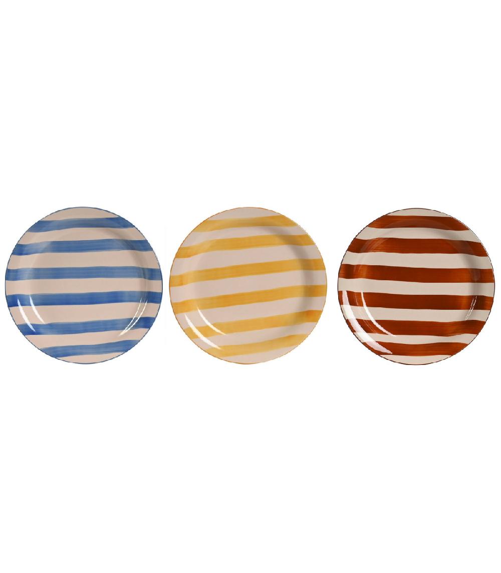 wadiga Set de 3 assiettes à dessert faïence rayures bleues jaunes rouges 18.5x18.5x2.5cm