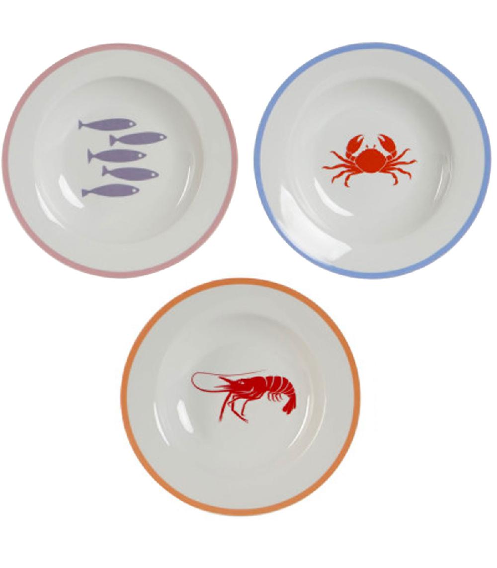 wadiga Set de 3 assiettes creuses en porcelaine motif marin 21.5x21.5x3.5cm